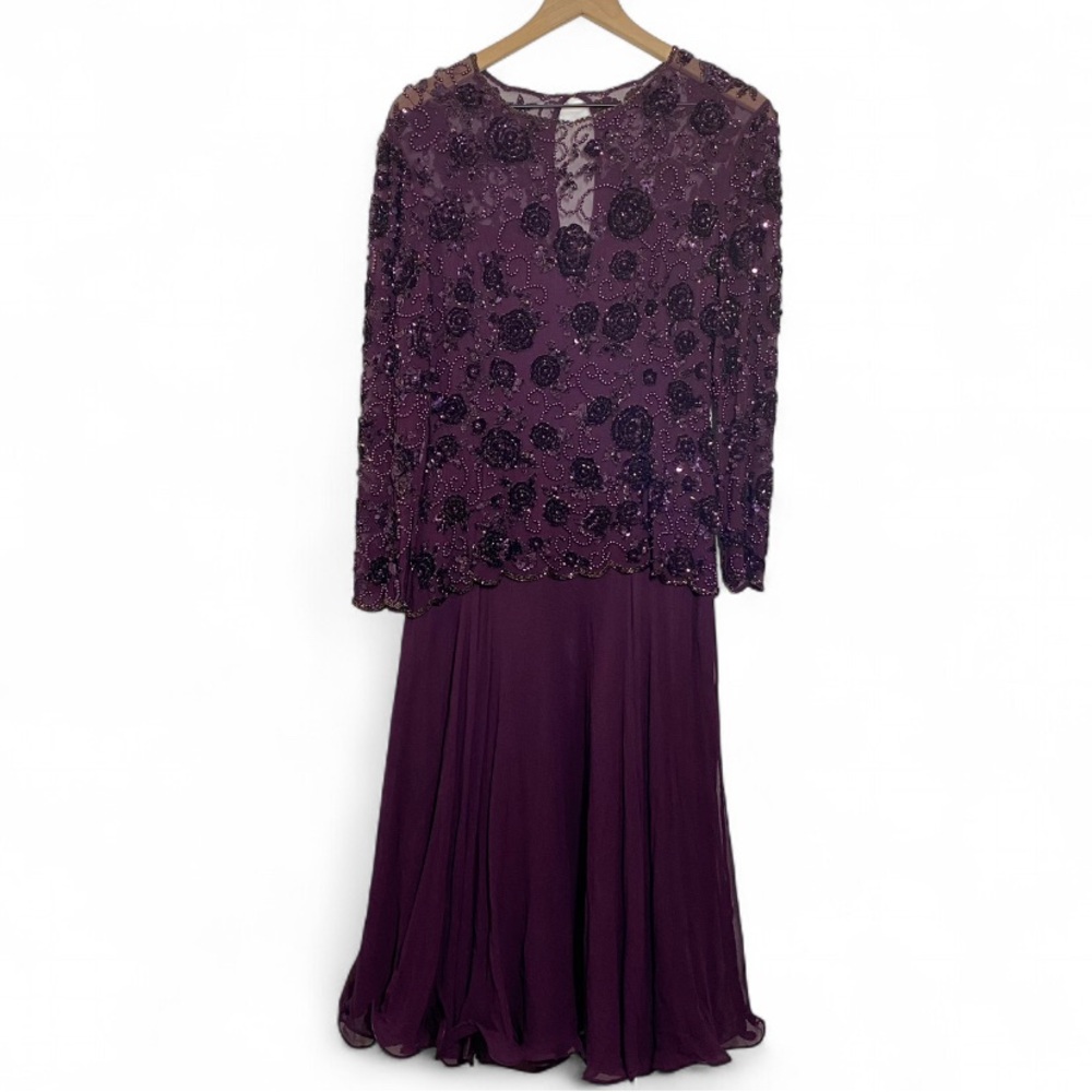 Saks Fifth Avenue Folio Vintage Purple Silk Sequin Beaded Long Sleeve Dress